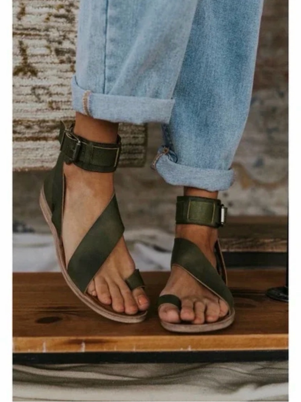Free People Olive Green Strappy Ankle Buckle Sandals
